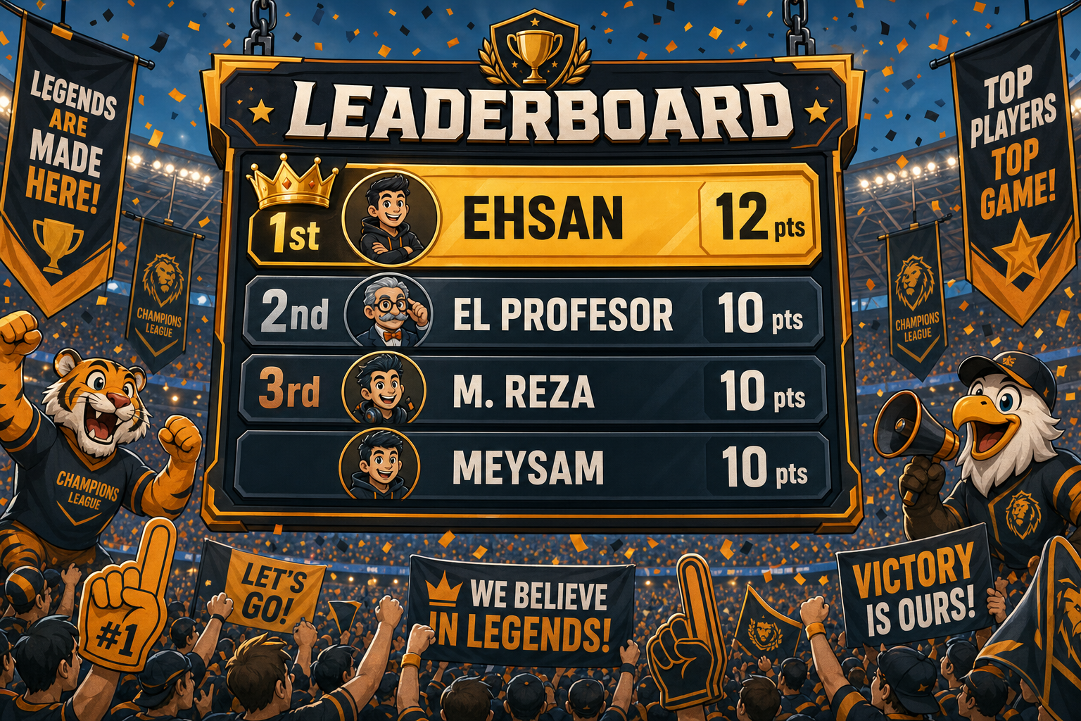A vibrant cartoon scoreboard hanging in a lively stadium, adorned with colorful banners celebrating the league's top players. The board displays "LEADERBOARD" with three boxes: 1st EHSAN 12 pts (gold crown), 2nd EL PROFESOR 10 pts, 3rd M. REZA 10 pt…