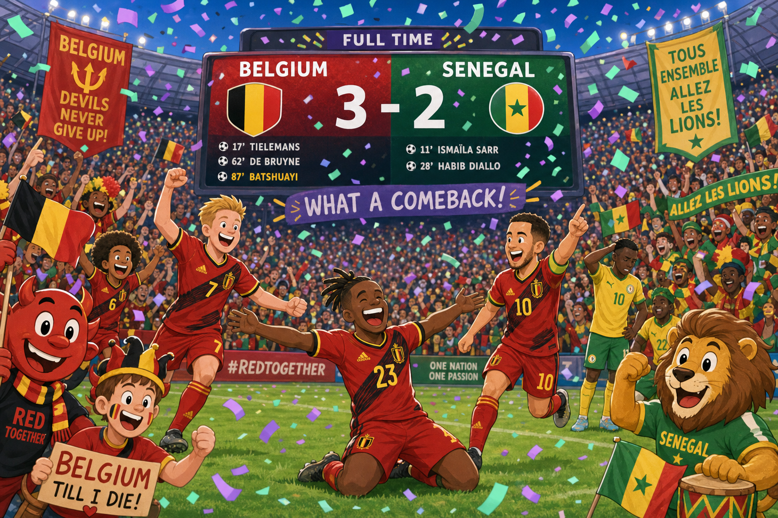 A whimsical cartoon scene: a vibrant stadium with cheering fans, depicting the thrilling moment of Belgium's comeback against Senegal, with players in the iconic red Belgian kit and yellow-green Senegalese kit celebrating a goal, surrounded by confe…
