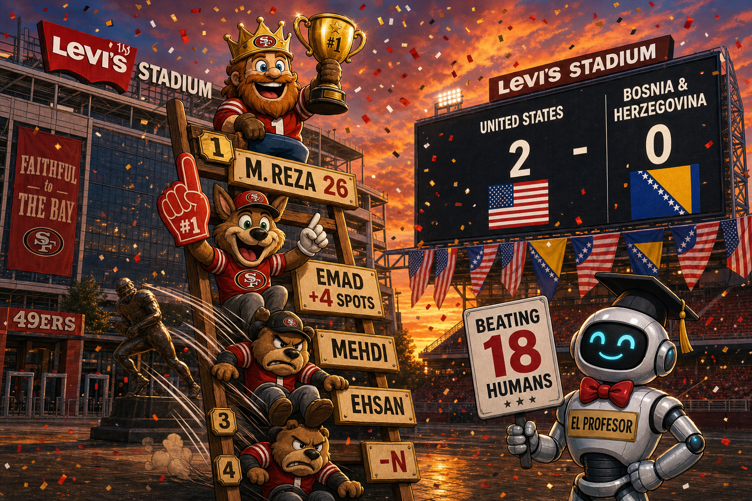 A whimsical cartoon scene: a vibrant leaderboard ladder leaning against the exterior of Levi's Stadium at sunset. At the top rung, a mascot in a gold crown holds a trophy aloft, banner reading "M. REZA 26". Below, another mascot with a big grin and …