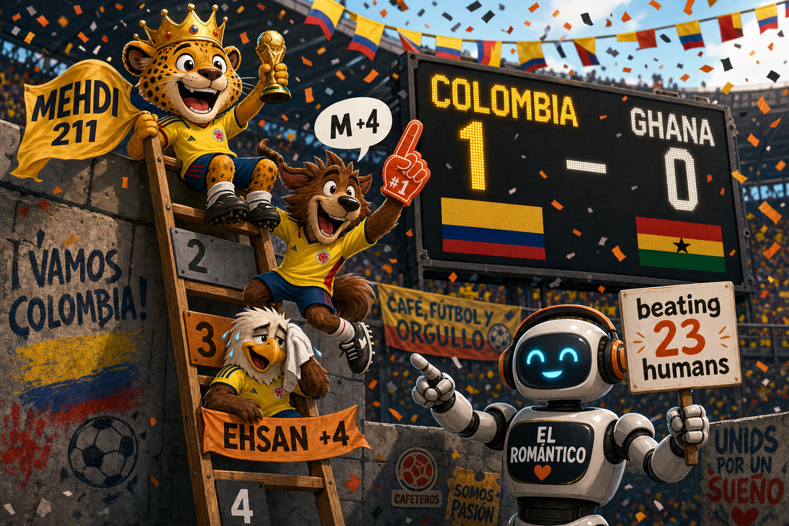A whimsical cartoon scene: a vibrant leaderboard ladder leaning against a stadium wall. At the top rung, a mascot wearing a gold crown holds a tiny trophy with a banner "MEHDI 211". Below, a mascot mid-leap with a foam finger points up saying "M +4"…