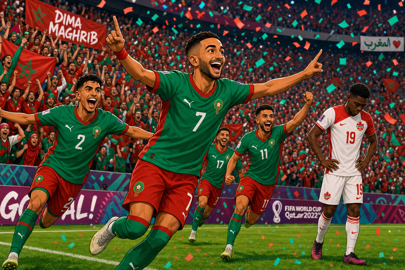 A whimsical cartoon snapshot: a Moroccan player in green-red kit celebrating a goal, surrounded by teammates in vibrant action on the pitch, with a Canadian player in red-white kit looking dejected in the background. The stadium is filled with cheer…