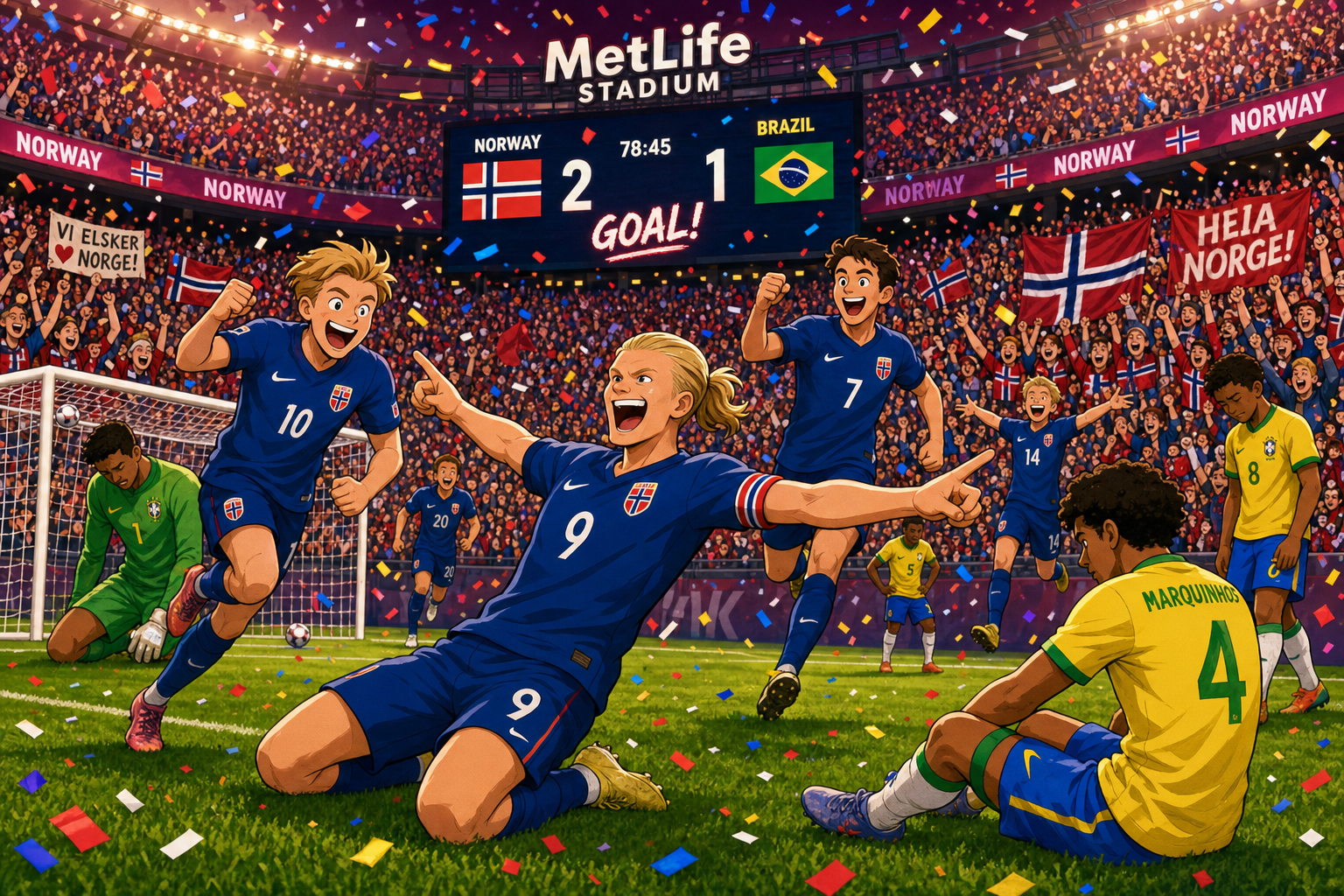 A whimsical cartoon scene: Norway in blue kits celebrating a goal against Brazil in green-yellow kits during a thrilling moment on the pitch at MetLife Stadium, vibrant confetti falling from the sky, excited fans in the background, maroon and pale y…