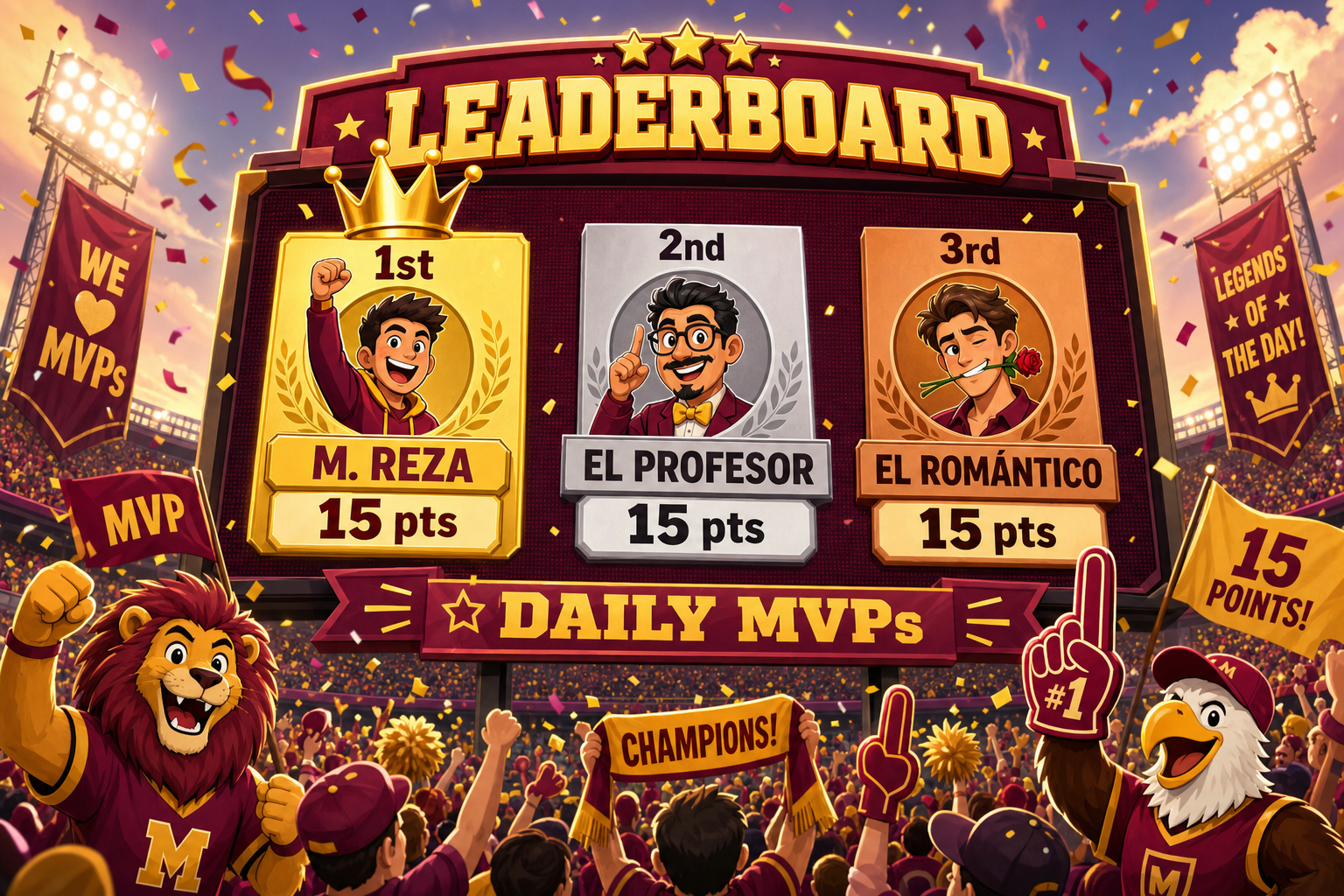A vibrant cartoon stadium scoreboard looms over a cheering crowd, displaying the LEADERBOARD at the top. The scoreboard features three boxes: 1st M. REZA 15 pts (gold crown), 2nd EL PROFESOR 15 pts, 3rd EL ROMÁNTICO 15 pts, captioned “DAILY MVPs” wi…