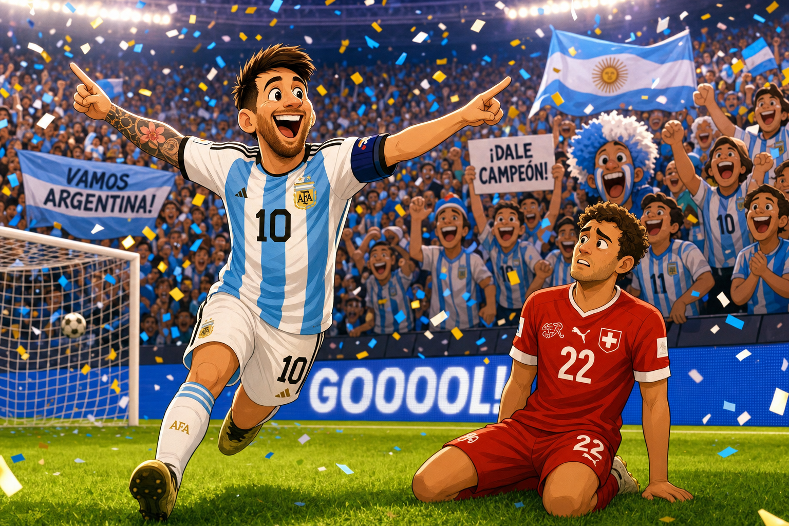 A whimsical cartoon snapshot: an Argentine player in light-blue-and-white kit celebrating a goal against a Swiss player in red-and-white kit, surrounded by cheering fans in a vibrant stadium backdrop, colorful confetti raining down, and bright cinem…
