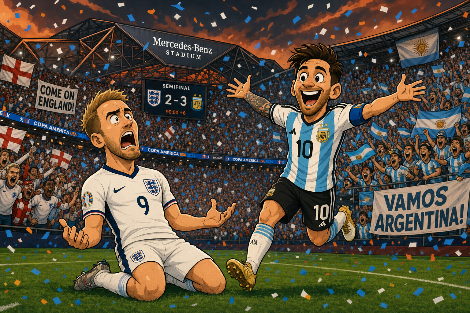 A whimsical cartoon snapshot: an English player in a white kit and an Argentine player in a sky-blue-and-white kit celebrating a thrilling moment on the pitch during their semifinal match at the Mercedes-Benz Stadium, vibrant confetti falling from a…