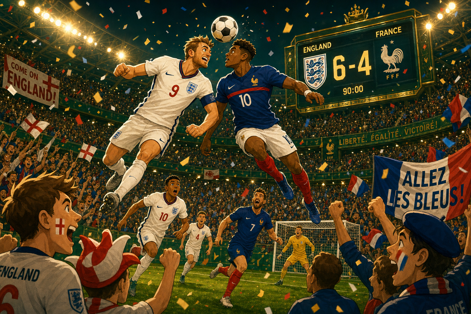 A whimsical cartoon snapshot: an exciting moment on the pitch with an English player in a white kit and a French player in a blue kit both jumping for the ball amidst a flurry of action, a vibrant stadium illuminated by spotlights, fans cheering in …
